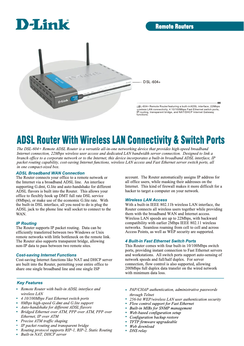 Page 1 de la notice Fiche technique D-Link DSL-604+