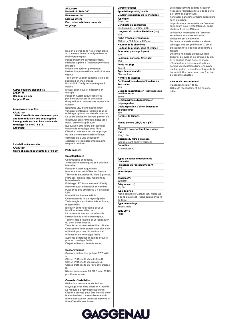 Page 1 de la notice Fiche technique Gaggenau AF200160