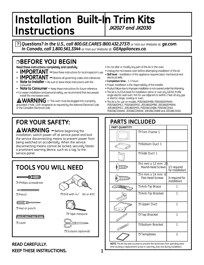 Page 1 de la notice Manuel utilisateur GE JX2030DMCC