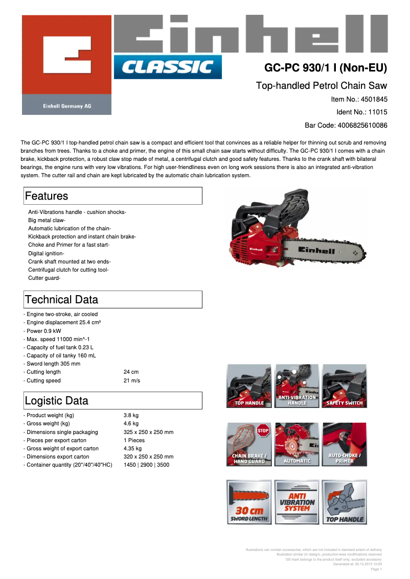 Page 1 de la notice Fiche technique Einhell GC-PC 930/1 I