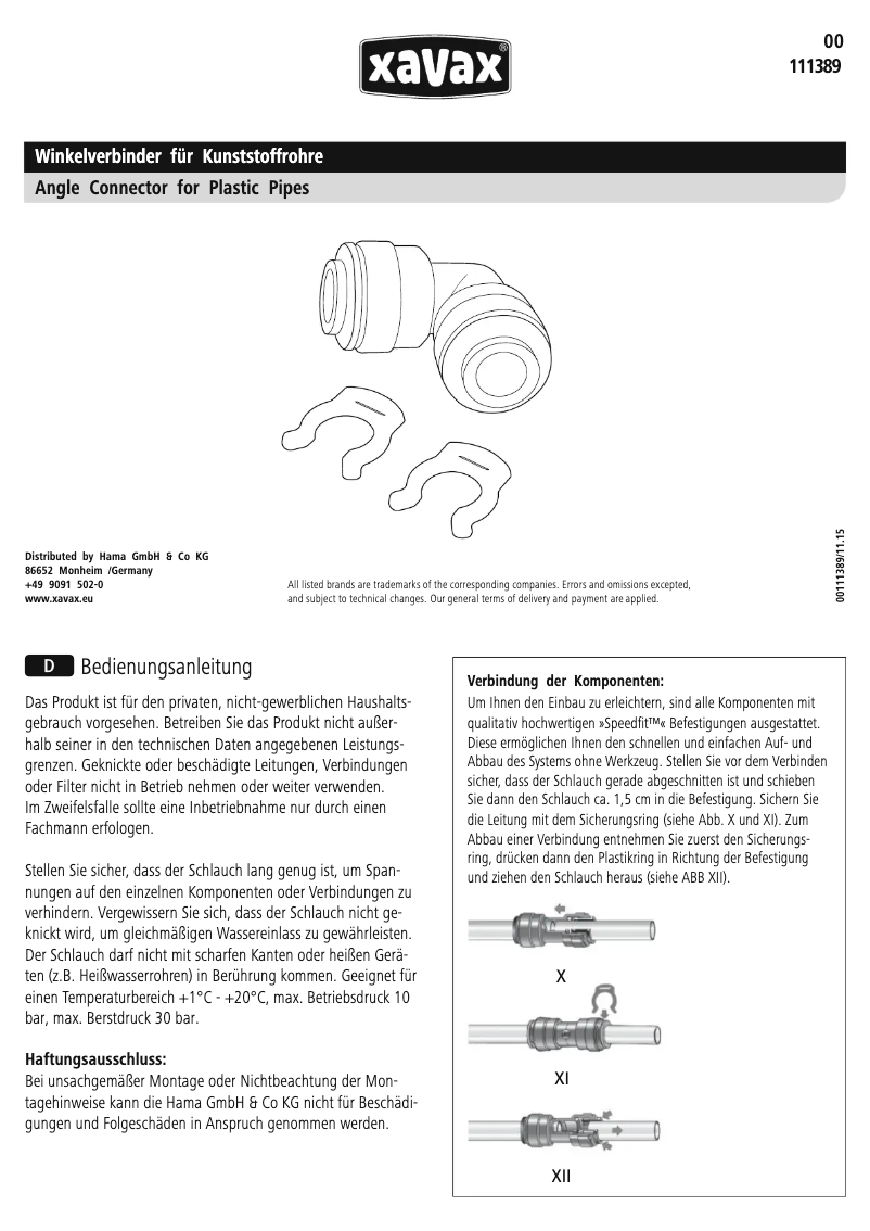 Page 1 de la notice Manuel utilisateur Hama 00111389 Xavax