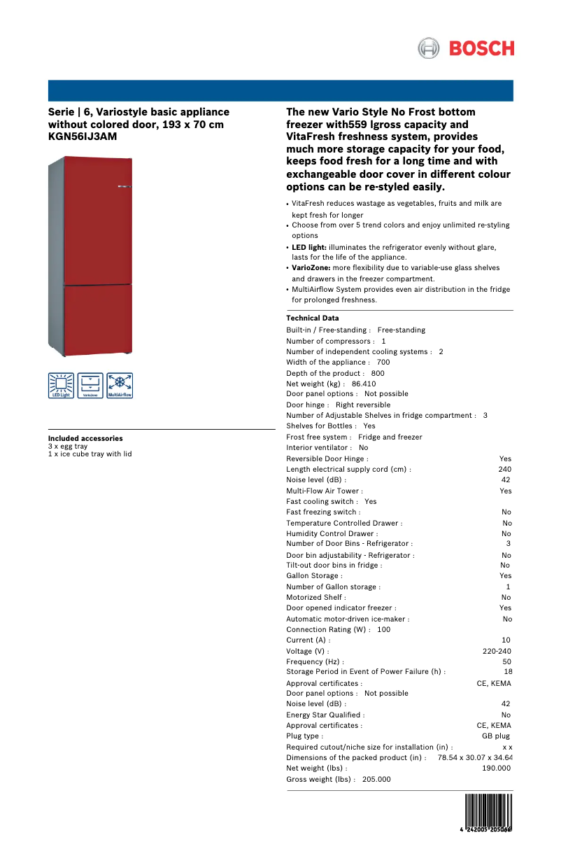 Page 1 de la notice Fiche technique Bosch KGN56IJ3AM