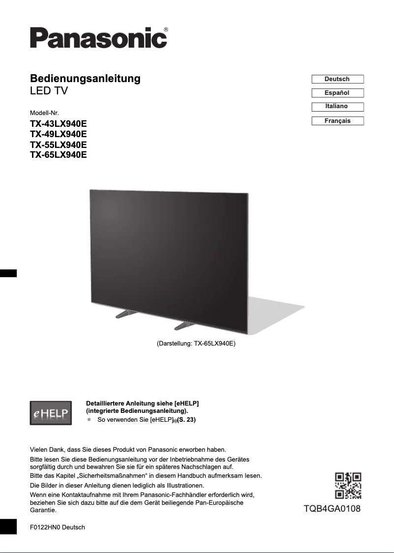 Image de la première page du manuel de l'appareil TX-49LX940E
