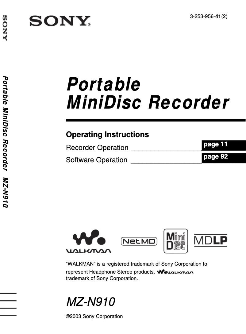 Page 1 de la notice Manuel utilisateur Sony MZ-N910