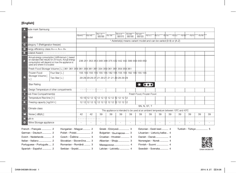 Page 1 de la notice Fiche technique Samsung RS7768FHCSL