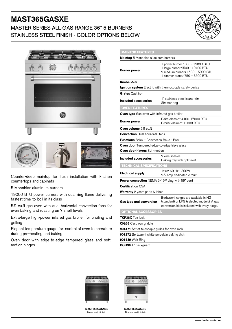 Page 1 de la notice Fiche technique Bertazzoni MAST365GASXELP