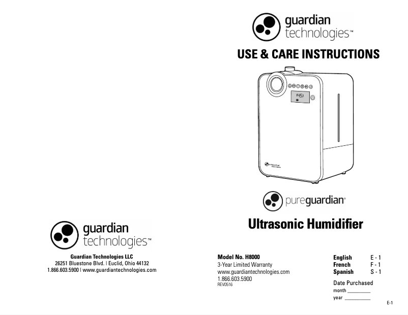 Page n°1 - Manuel utilisateur PureGuardian H8000B