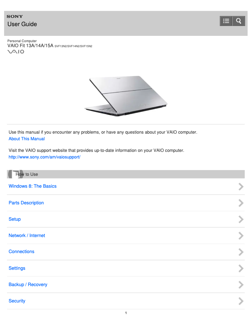 Page 1 de la notice Manuel utilisateur Sony Vaio Fit 13 SVF13N23CXS