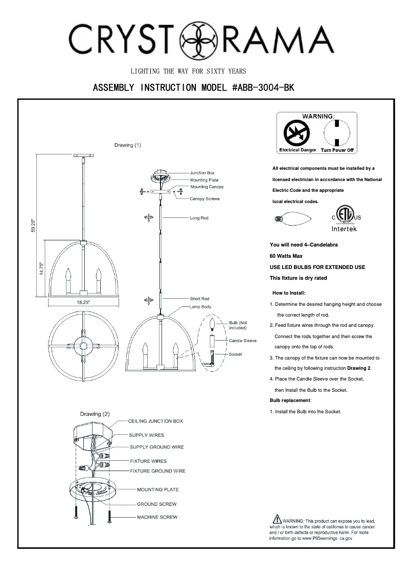 Page 1 de la notice Manuel utilisateur Crystorama Abbott ABB-3004-BK