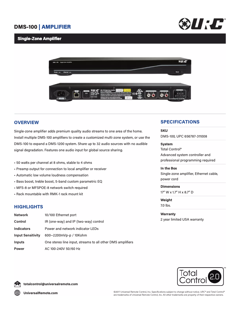 Page 1 de la notice Fiche technique Universal Remote Control DMS-100