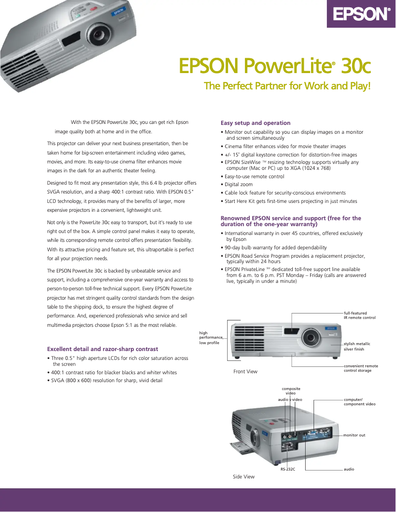 Page 1 de la notice Brochure Epson PowerLite 30c