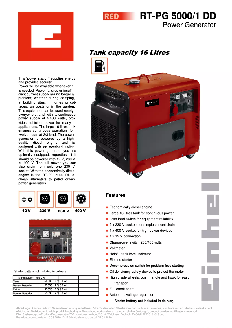 Page 1 de la notice Fiche technique Einhell RT-PG 5000/1 DD