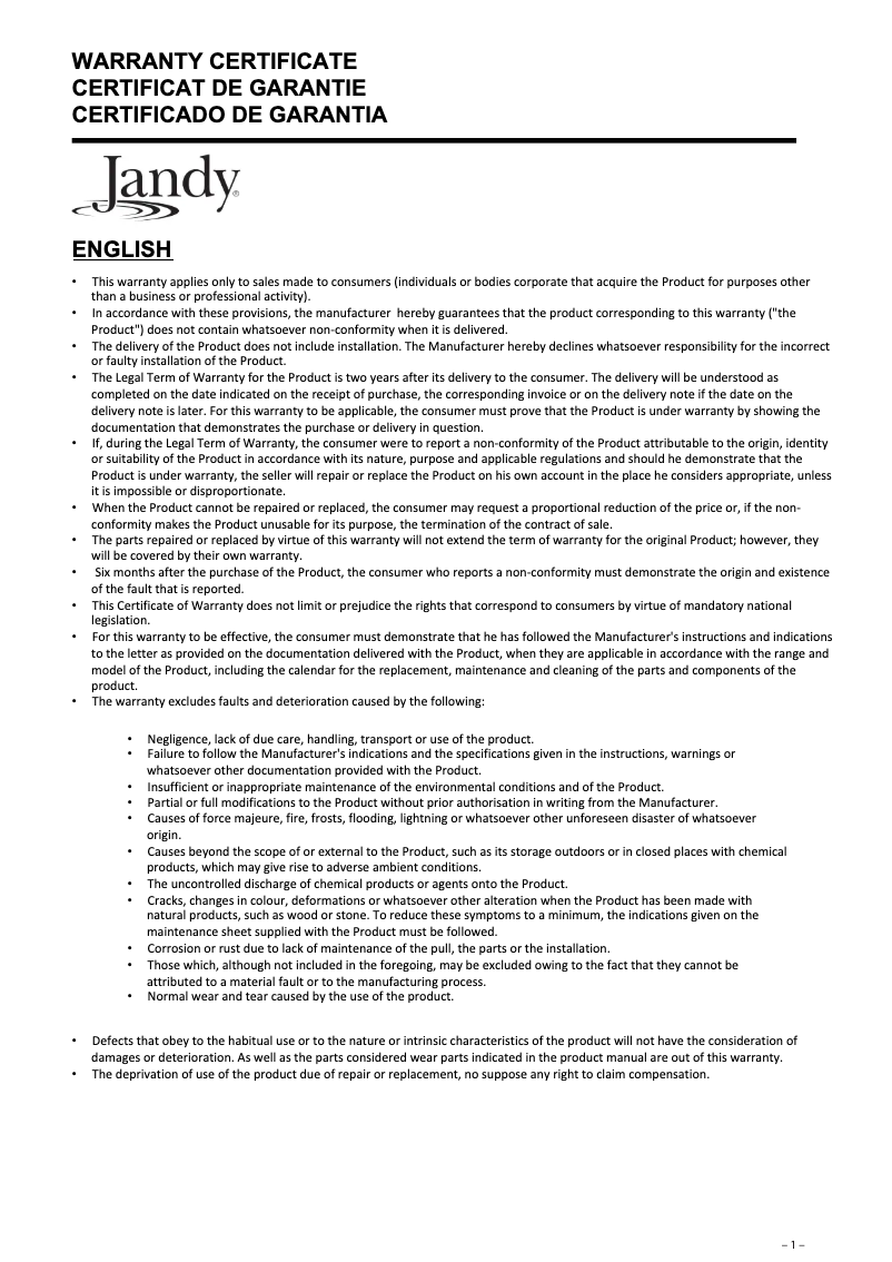 Page n°1 - Informations de garantie JANDY JLAS3S-065-316