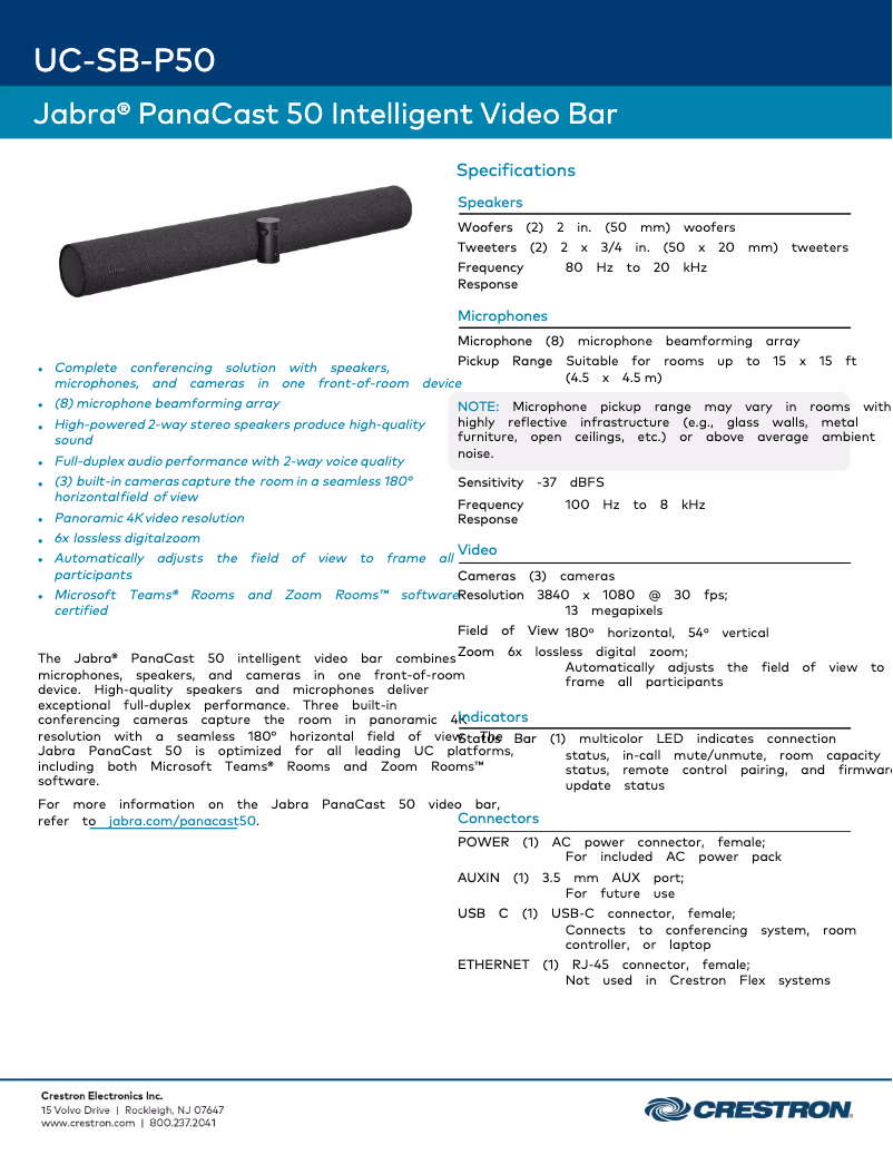 Page n°1 - Fiche technique Crestron UC-SB-P50
