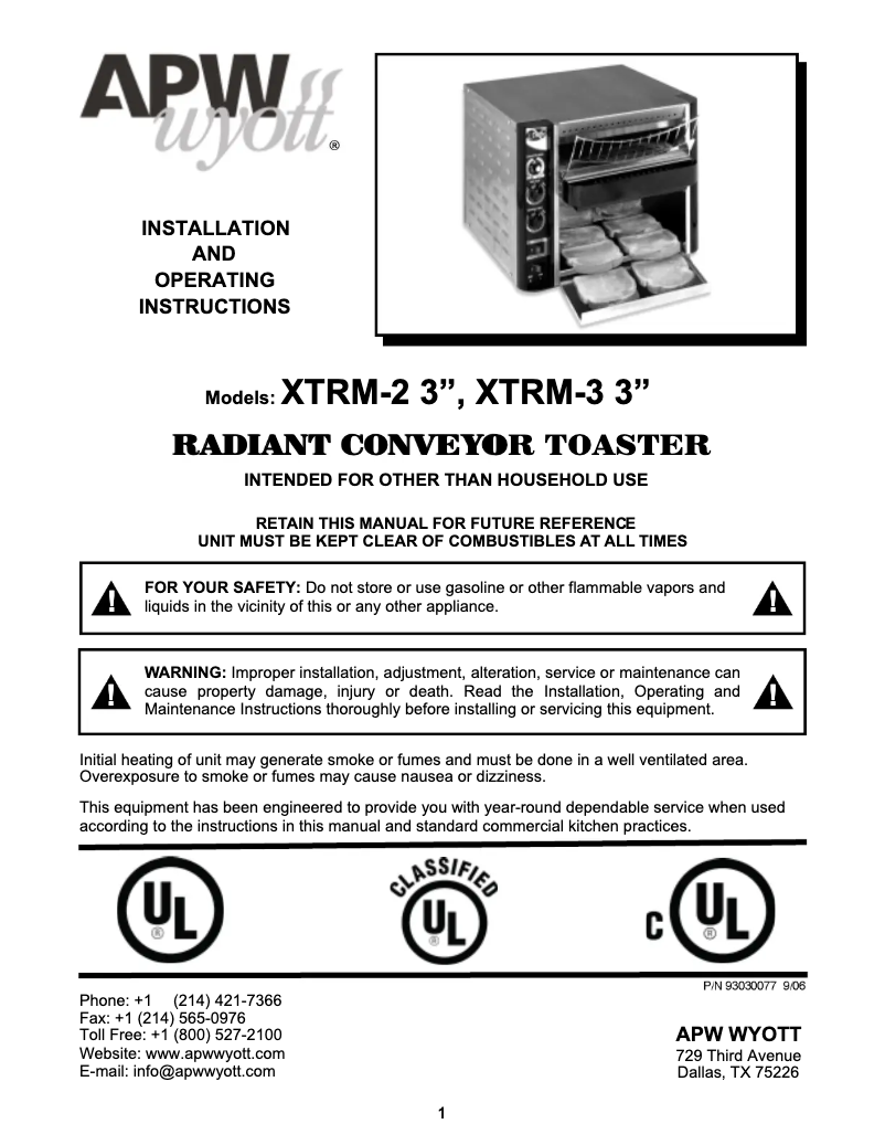Page 1 de la notice Manuel utilisateur APW Wyott XTRM-3H