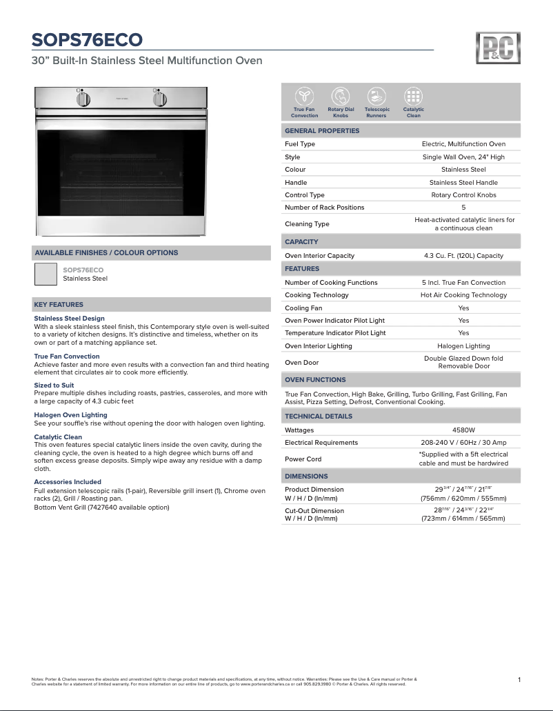 Page 1 de la notice Fiche technique Porter & Charles SOPS76ECO