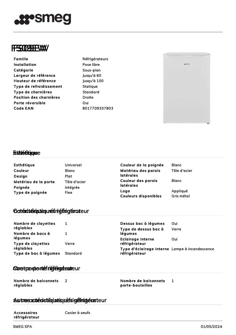 Page 1 de la notice Fiche technique Smeg FS09EW