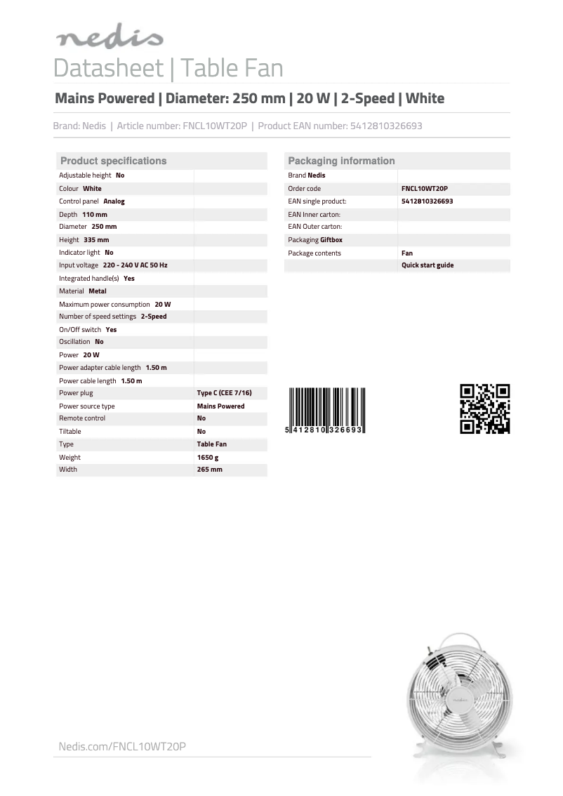 Page 1 de la notice Manuel utilisateur Nedis FNCL10WT20P