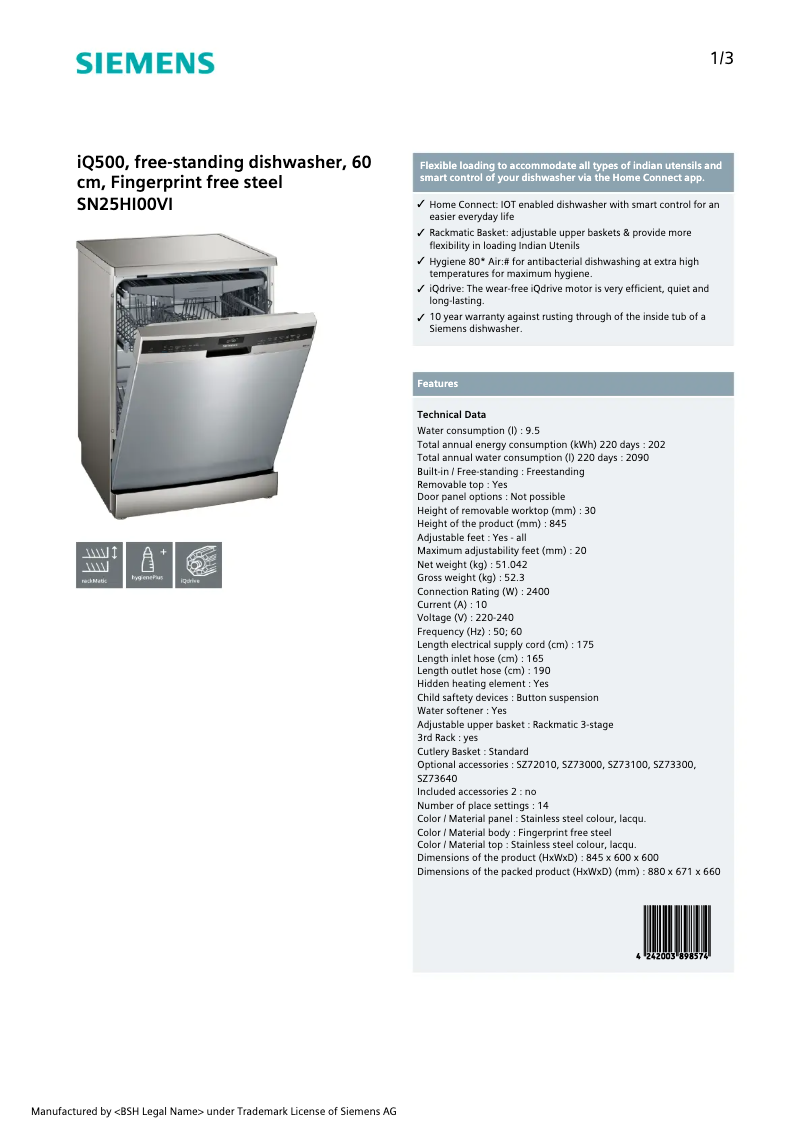 Page n°1 - Manuel utilisateur Siemens SN25HI00VI