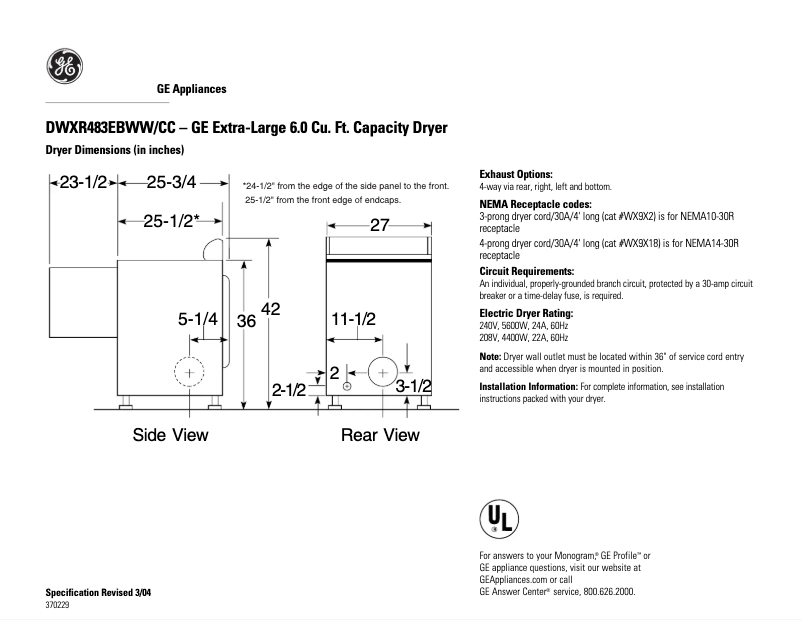 Page n°1 - Fiche technique GE DWXR483EBWW