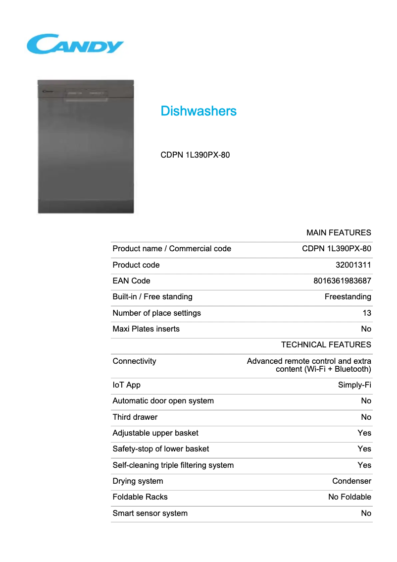 Page 1 de la notice Fiche technique Candy CDPN 1L390PX-80