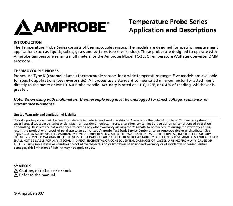 Page n°1 - Manuel utilisateur Amprobe MH101KA