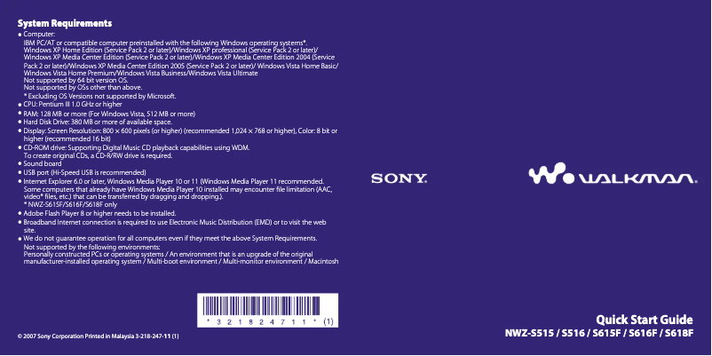 Page 1 de la notice Guide d'installation Sony NWZ-S615F