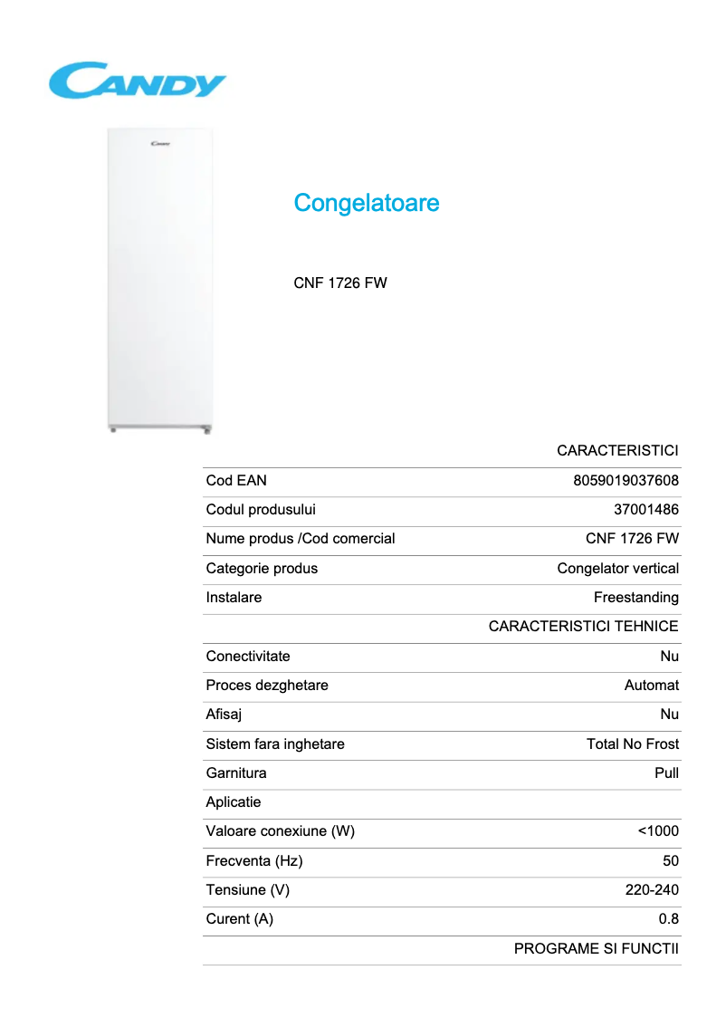 Page 1 de la notice Fiche technique Candy CNF 1726 FW