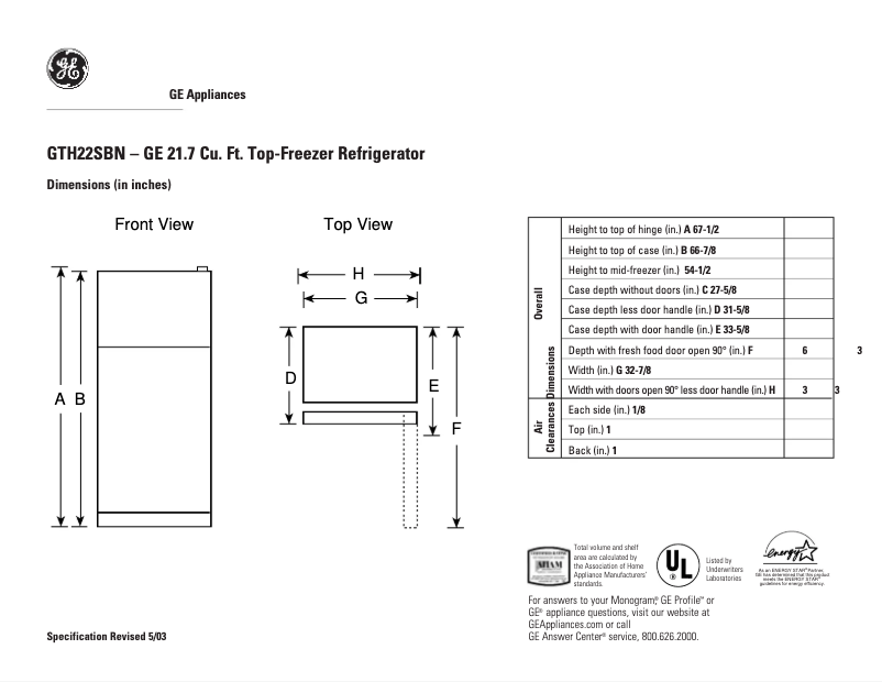 Page 1 de la notice Fiche technique GE GTH22SBNBS