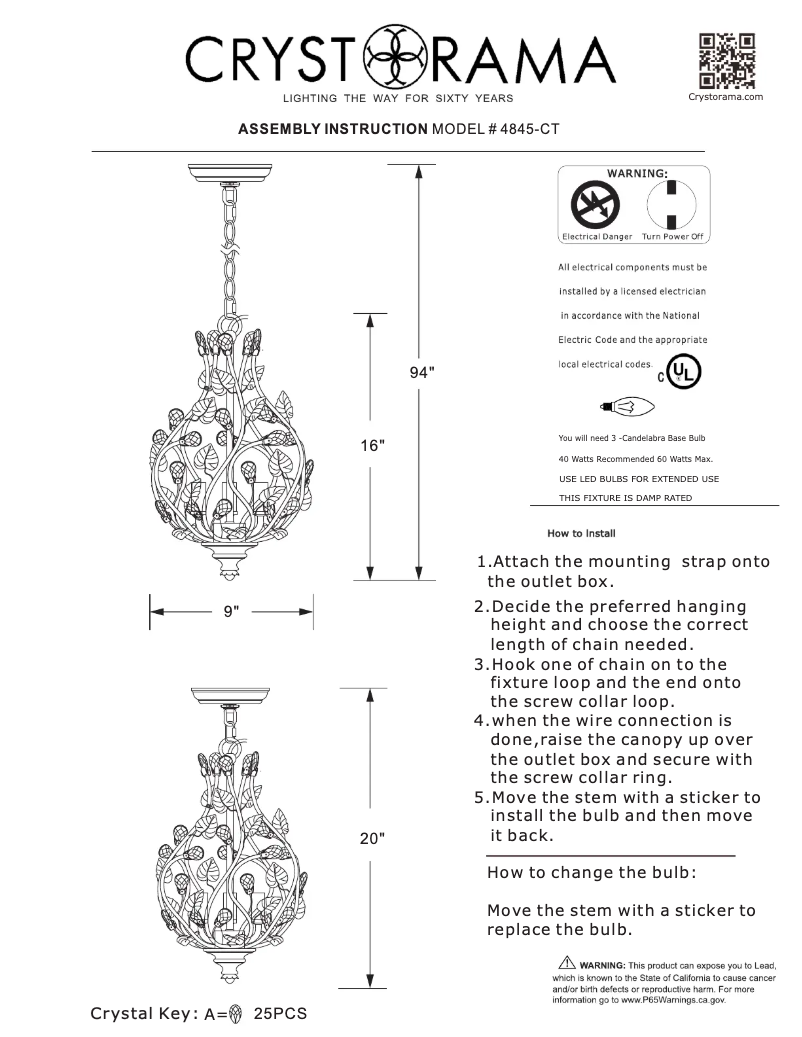 Page 1 de la notice Manuel utilisateur Crystorama Josie 4845-CT