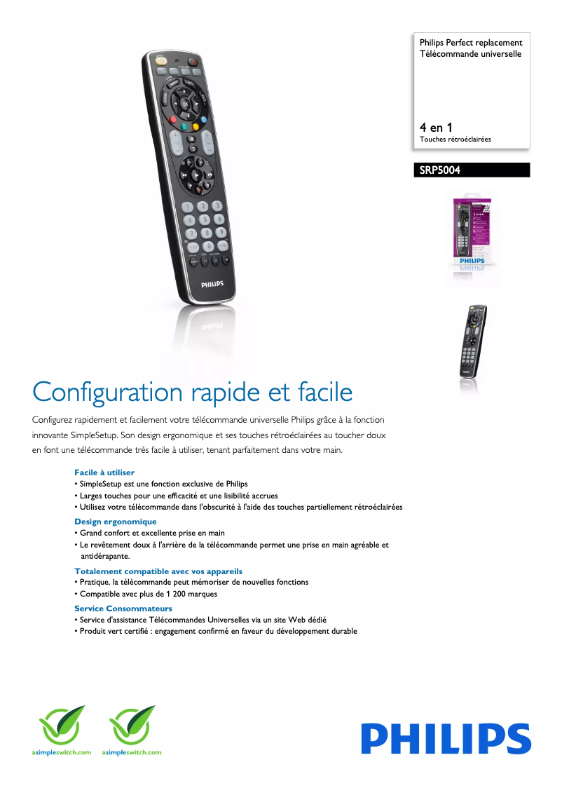 Page 1 de la notice Fiche technique Philips SRP5004