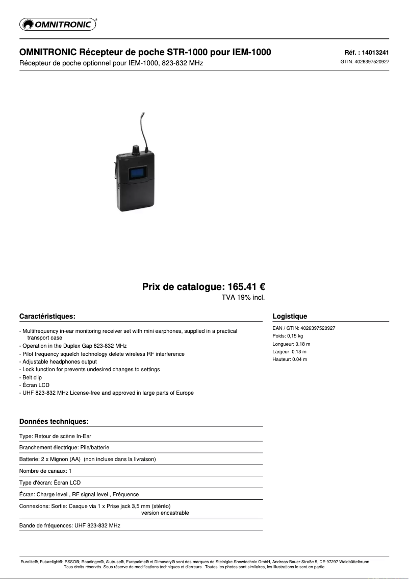 Page n°1 - Fiche technique Omnitronic STR-1000