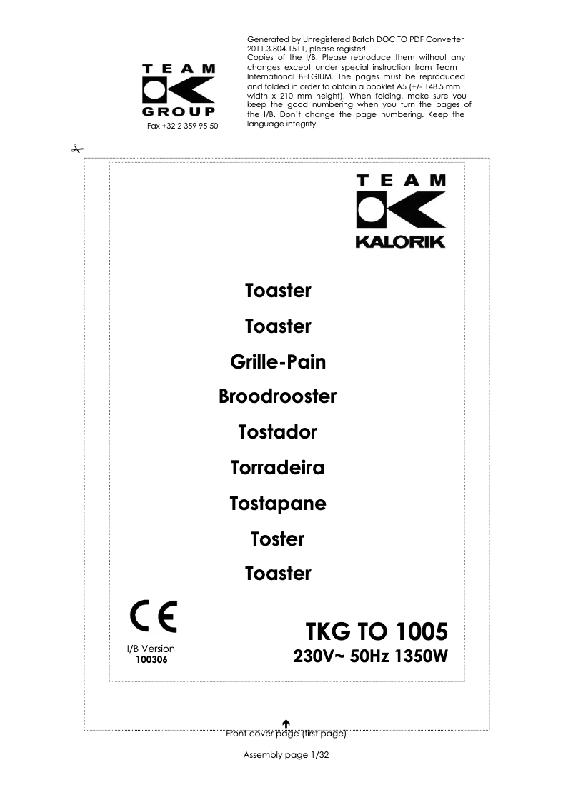 Page n°1 - Manuel utilisateur Kalorik TKG TO 1005