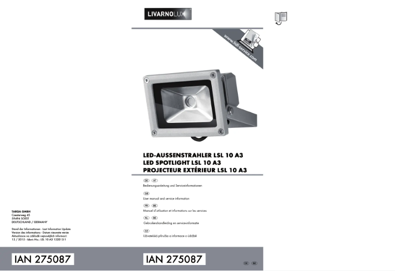 Page 1 de la notice Manuel utilisateur Livarno Lux IAN 275087