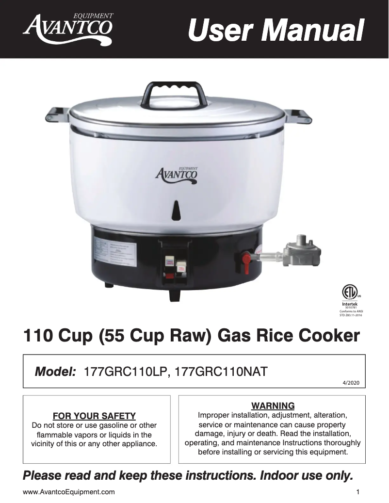 Página 1 del manual Manual de usuario Avantco GRCNAT