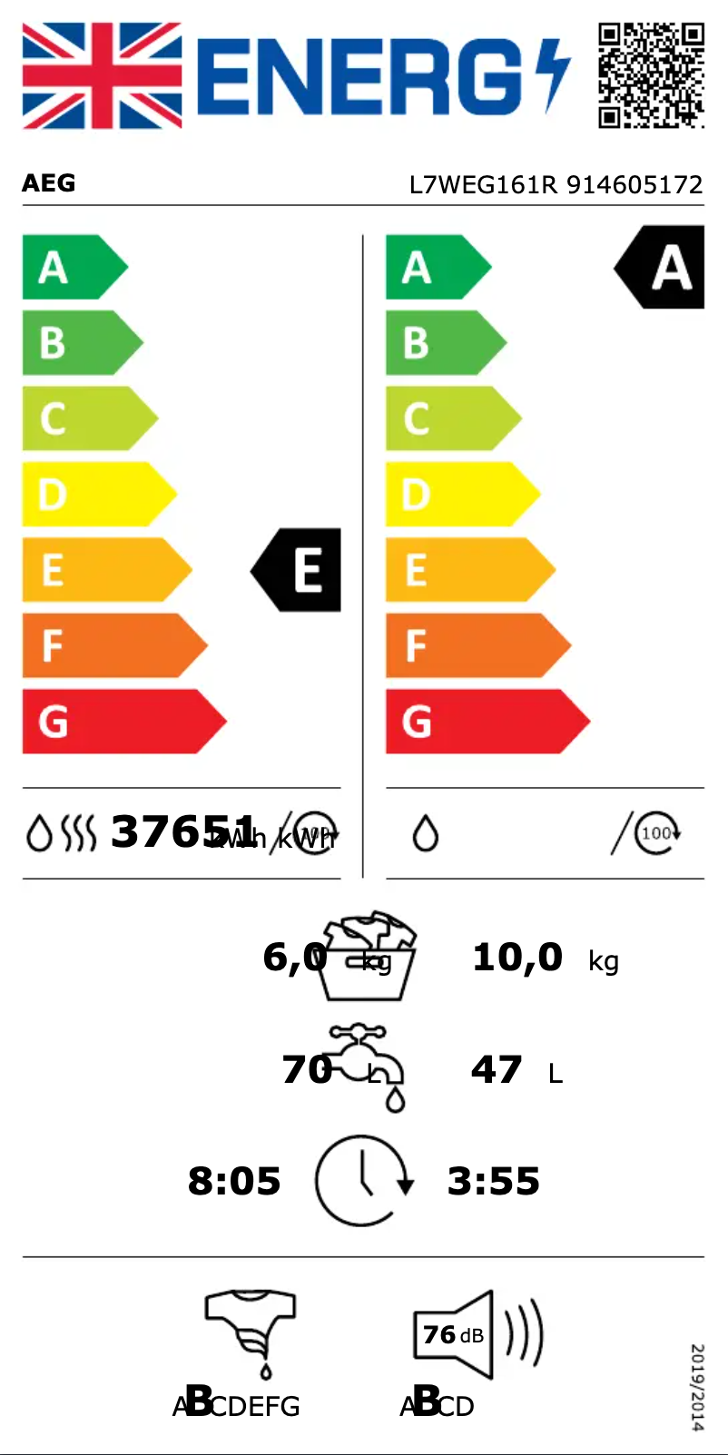 Page n°1 - Label énergétique AEG L7WEG161R