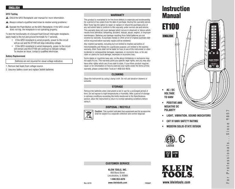 Page n°1 - Manuel utilisateur Klein Tools ET100