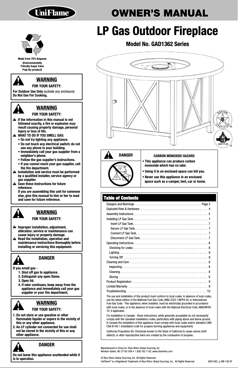 Page n°1 - Manuel utilisateur Blue Rhino GAD1362SP