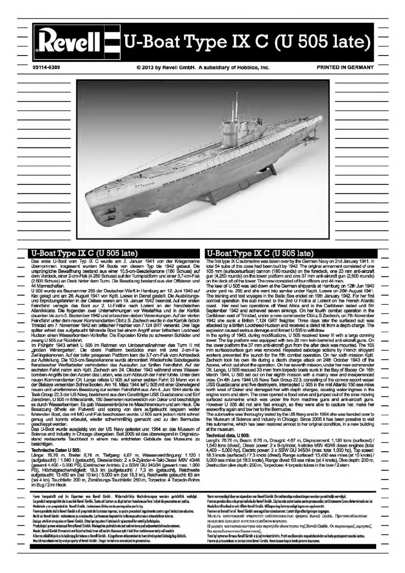 Image de la première page du manuel de l'appareil U-505 Type IX C