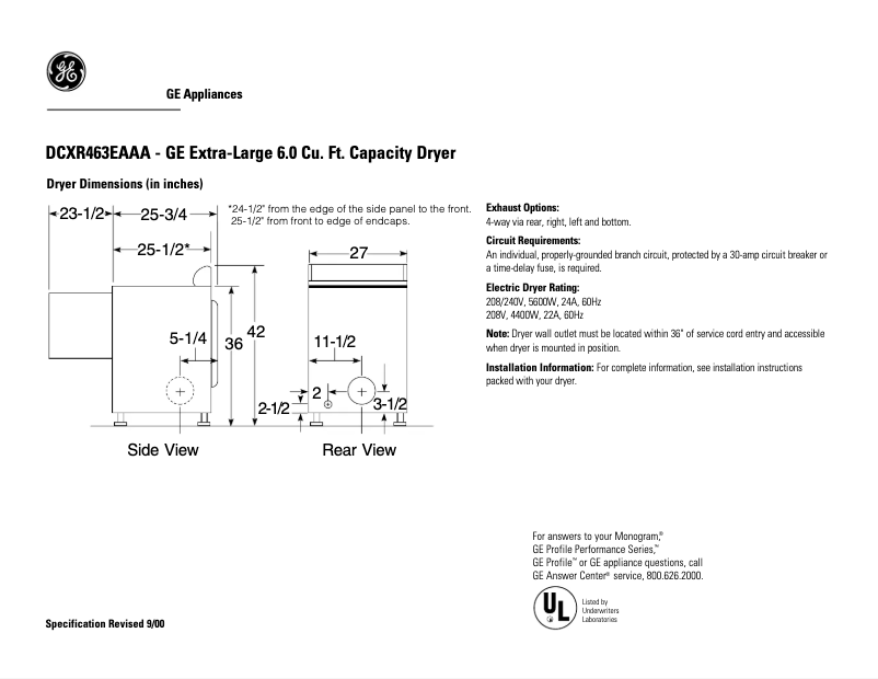 Page n°1 - Fiche technique GE DCXR463EAAA