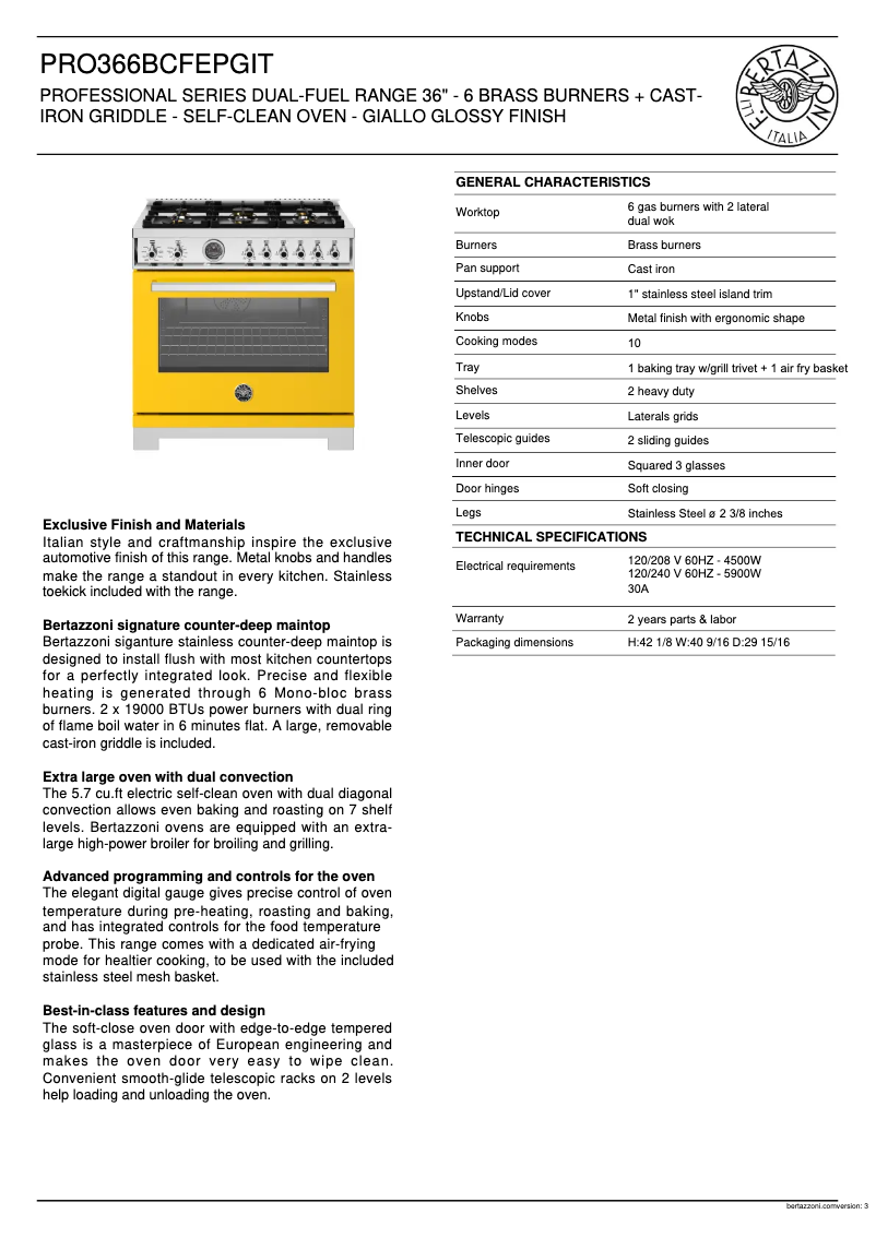 Page 1 de la notice Fiche technique Bertazzoni PRO366BCFEPGIT