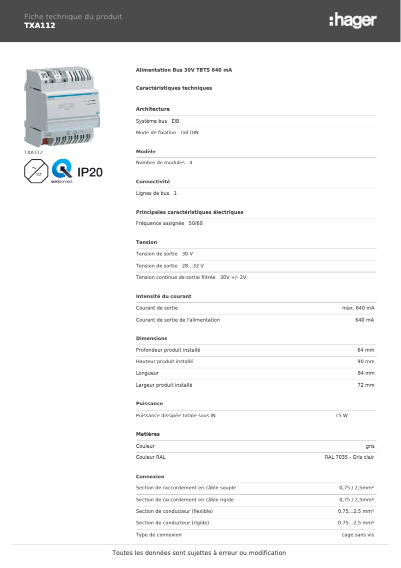 Page n°1 - Fiche technique Hager TXA112