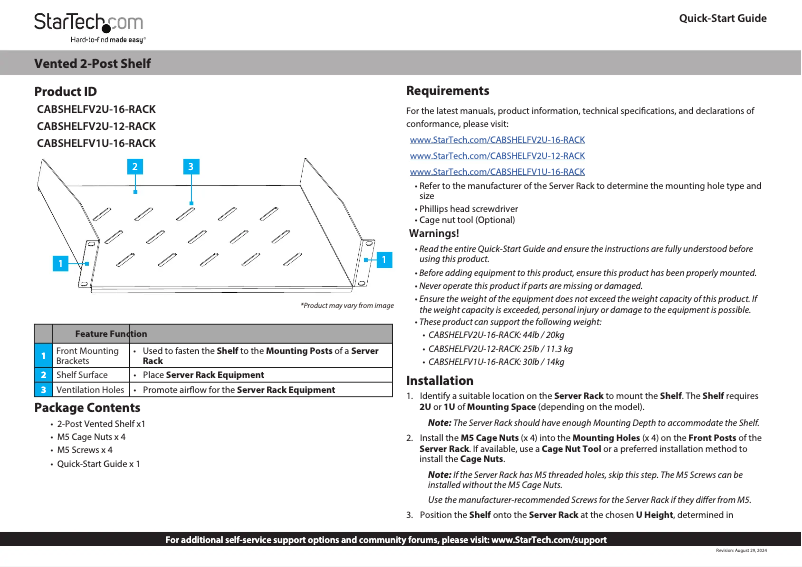 Page 1 de la notice Manuel utilisateur StarTech.com CABSHELFV2U-12-RACK