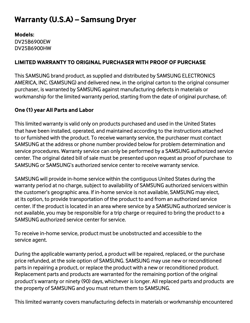 Page 1 de la notice Informations de garantie Samsung DV25B6900HW