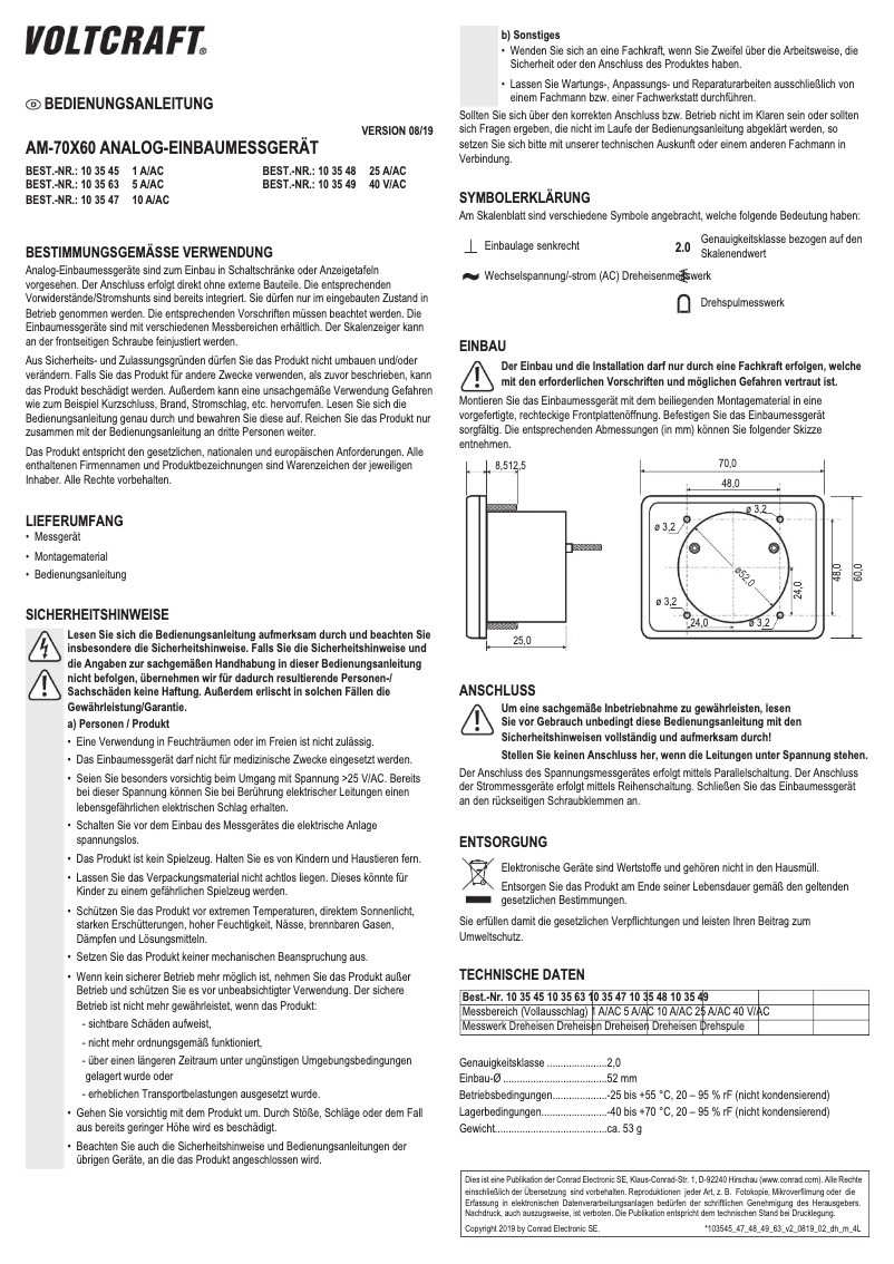 Page 1 de la notice Manuel utilisateur Voltcraft AM-70X60