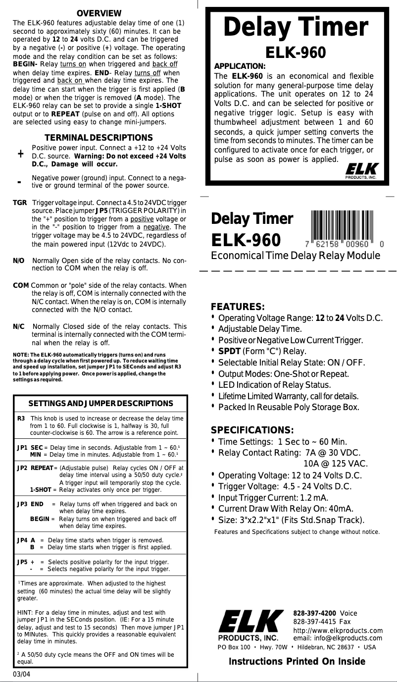 Page n°1 - Manuel utilisateur ELK ELK-960
