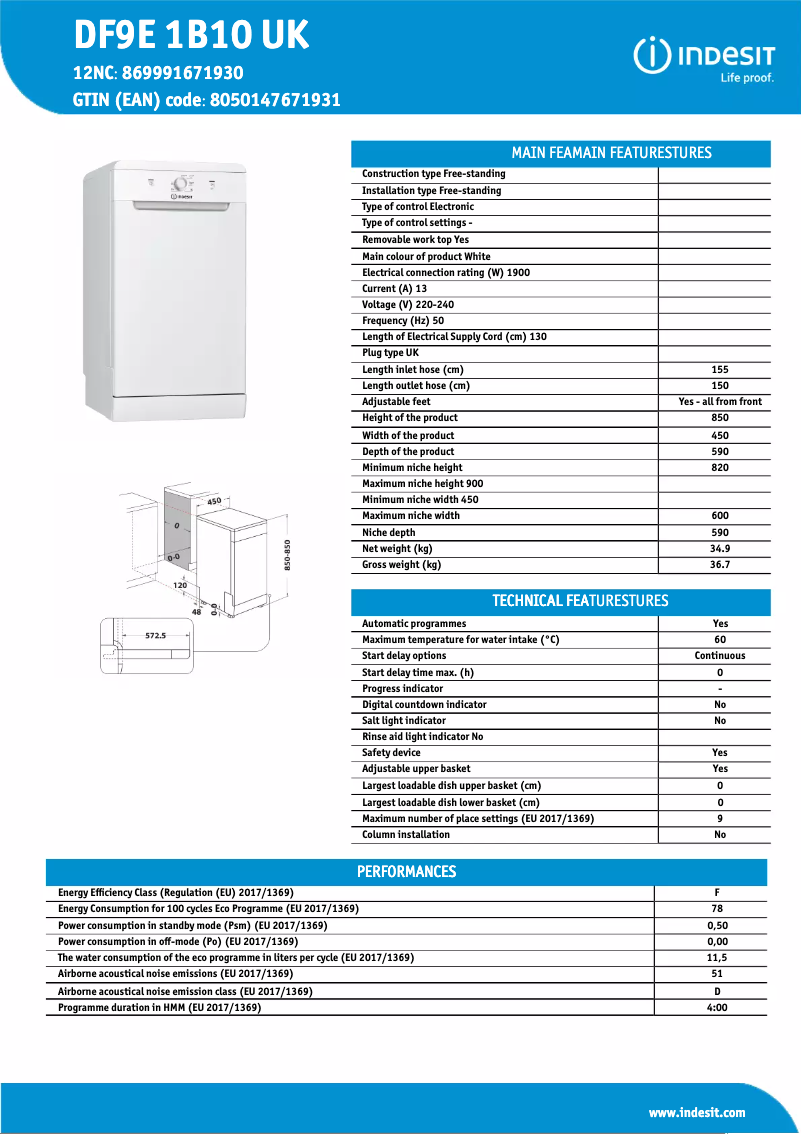 Page 1 de la notice Fiche technique Indesit Slimline DF9E 1B10