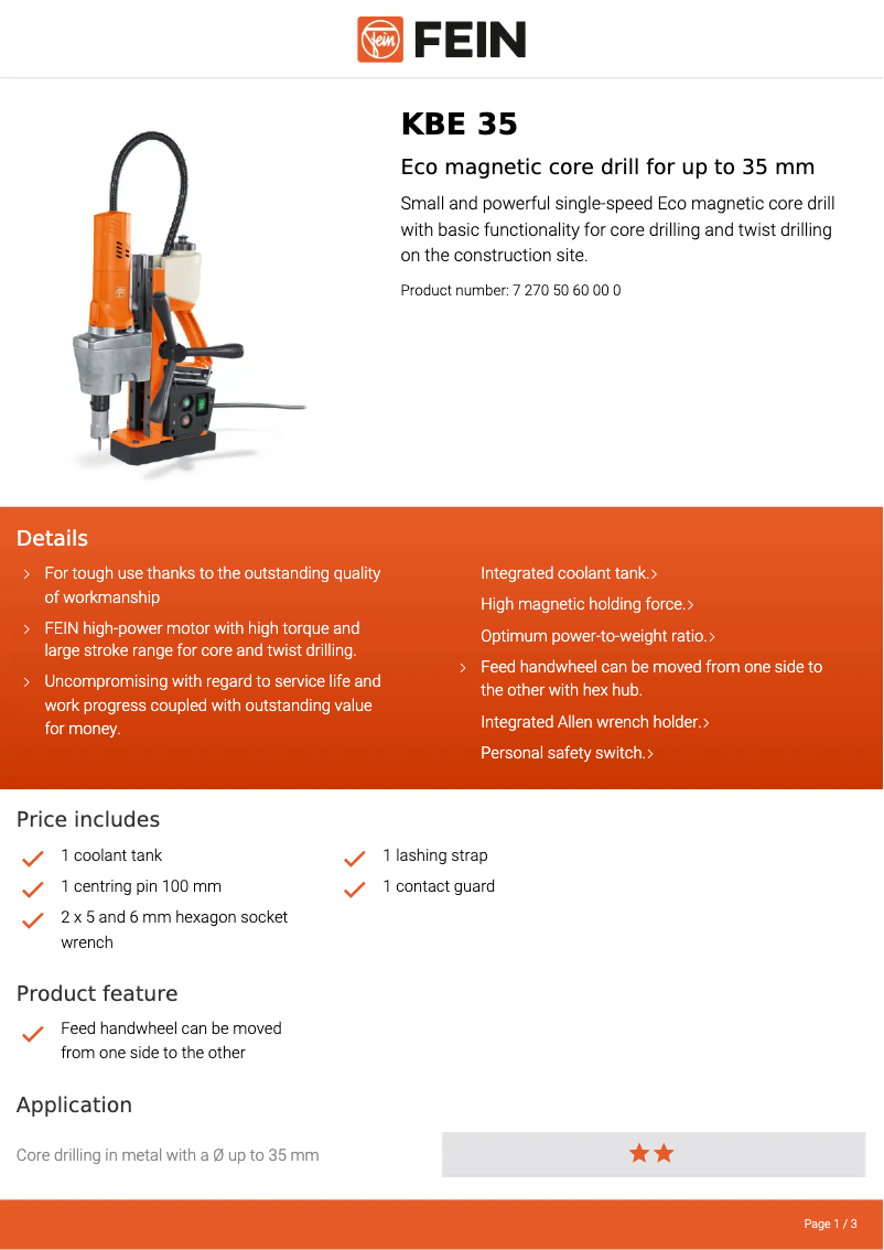 Página 1 del manual Ficha técnica Fein KBE 35