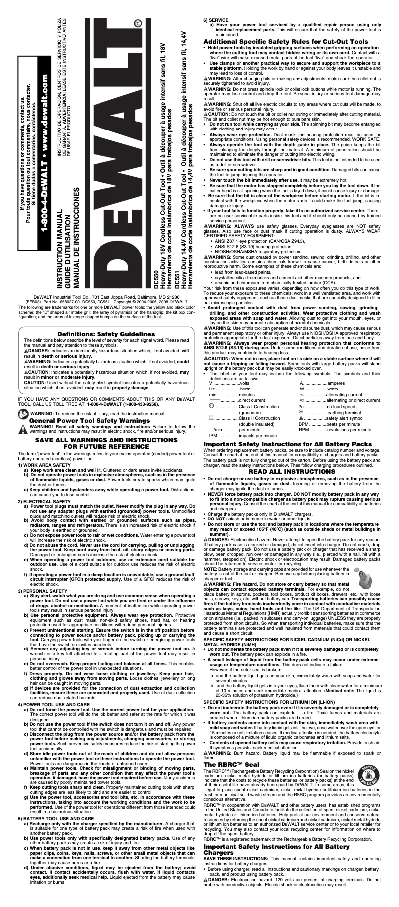 Page 1 de la notice Manuel utilisateur DeWalt DC551