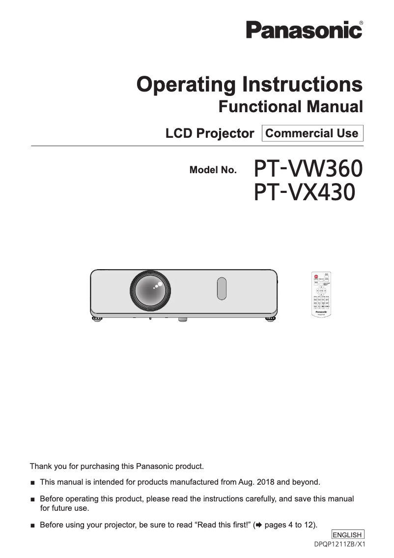 Page n°1 - Manuel utilisateur Panasonic PT-VX430EJ